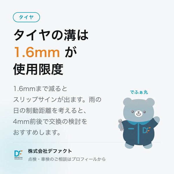 Instagramの投稿:タイヤの溝は1.6mmが使用限度