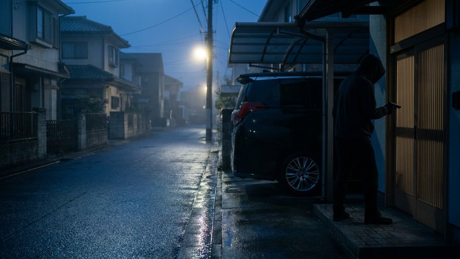 夜の住宅街で、玄関先から機器を向ける人物のイメージ