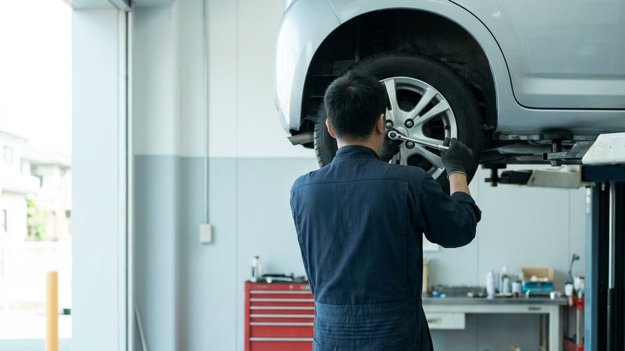 リフトで持ち上げた車の足回りを整備している様子